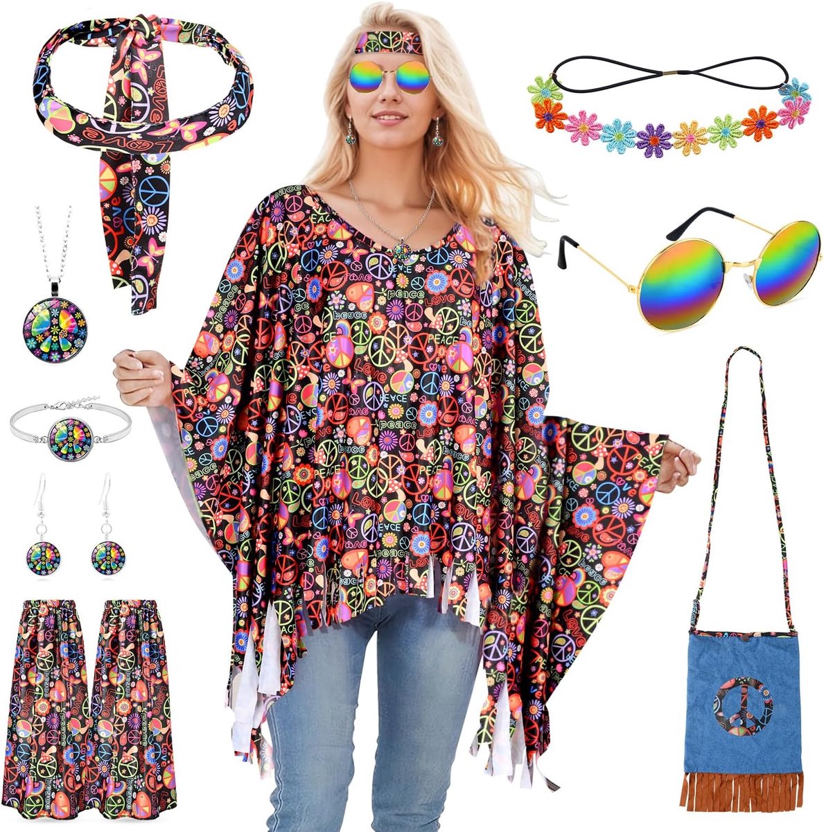 Hippiekostuum voor dames, 9-delig carnavalskostuum voor dames met hippie-cape, haarband, bloemen, schoudertas, zonnebril, hippiekostuum jaren '70 voor feestjes, carnaval
