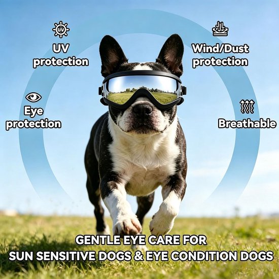 Hondenbril voor middelgrote honden, verstelbaar, waterdicht, winddicht, uv-bescherming, zonnebril voor middelgrote honden, zilver — afbeelding 4