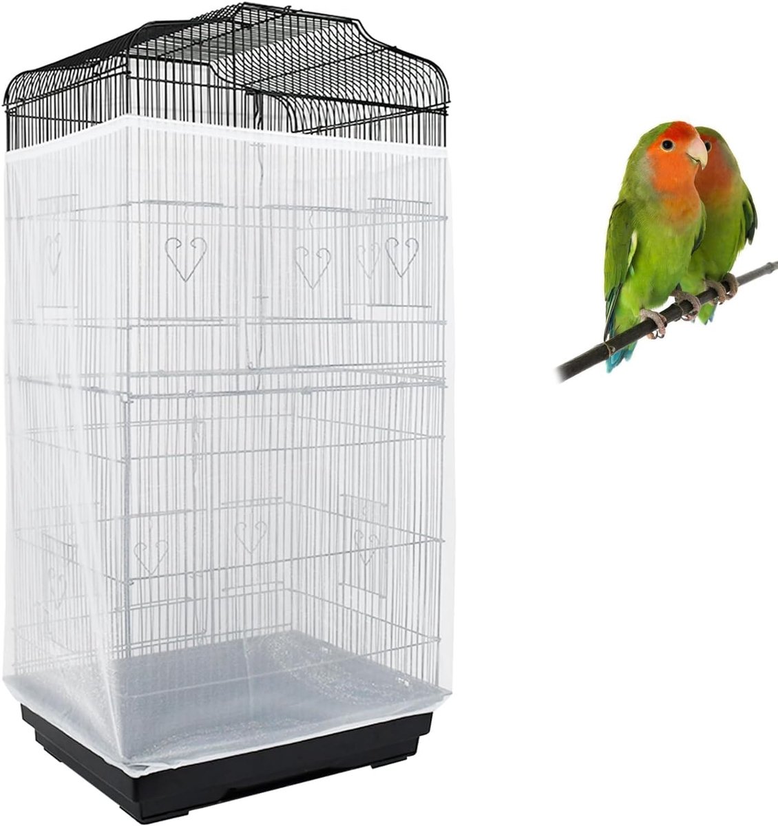 Vogelkooihoes, verstelbare zaadvanger, zacht nylon gaas net met trekkoord, vogelkooirok, veerbescherming voor ronde vierkante kooien (200 x 70 cm, wit)