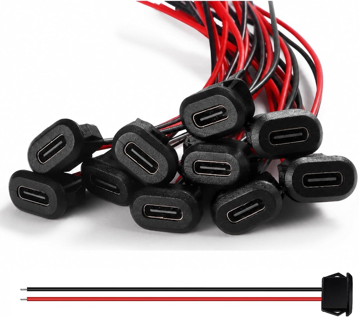 10 stuks USB C-aansluiting, 2-polig, snellaadstekker 3A type C met bevestigingsgesp op drukgroefpaneel, zwart