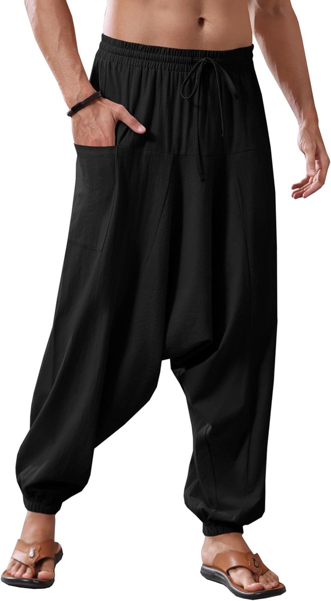 Katoenen harembroek voor heren, baggy, hippie, casual, linnen, yogabroek, strand, diep kruis