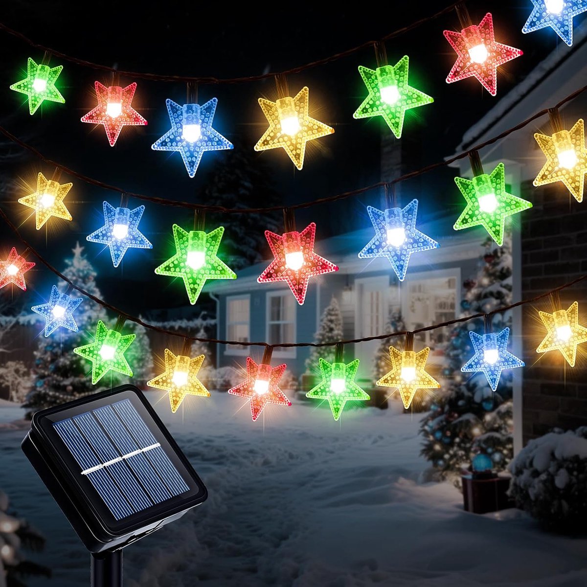 Zonne-lichtslingers voor buiten, tuin, 7 m 50 leds, stervormige lichtketting, 8 modi, zonne-verlichting, outdoor, tuin, waterdicht, sterdecoratie voor Kerstmis, bruiloft, tuin, terras, muur