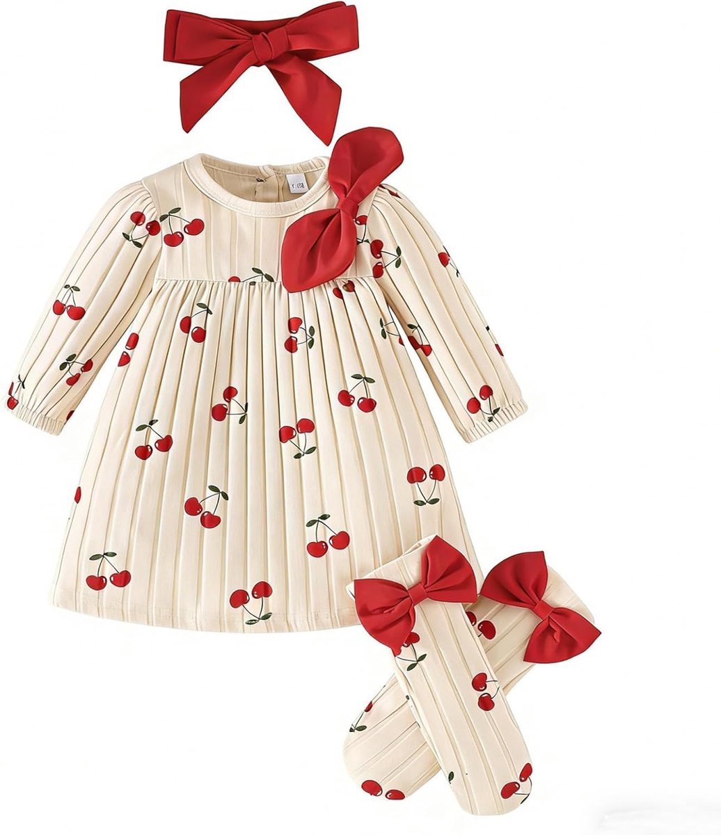 3-delige set voor babymeisjes jurk lange mouwen strik hoofdband sokken schattige bedrukte kleding voor baby's van 1-12 maanden