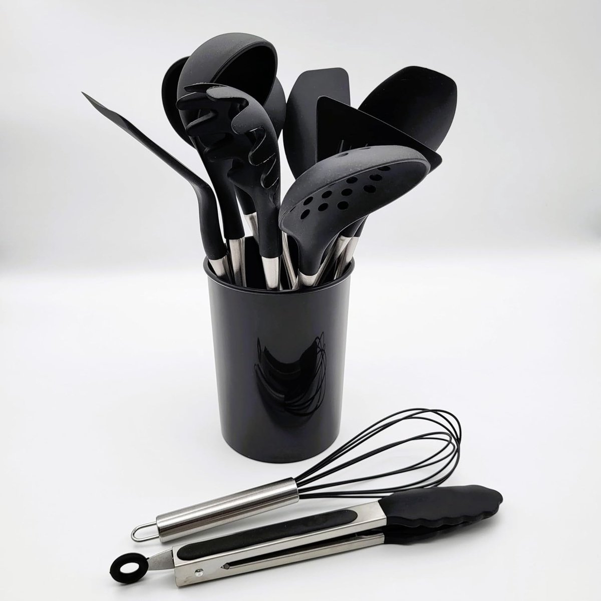 Set van 12 kookbestekken, inclusief houder, kookgerei, keukenhulpset van hoogwaardig silicone, handgrepen van elegant roestvrij staal, roestvrij en hittebestendig tot 230 °C