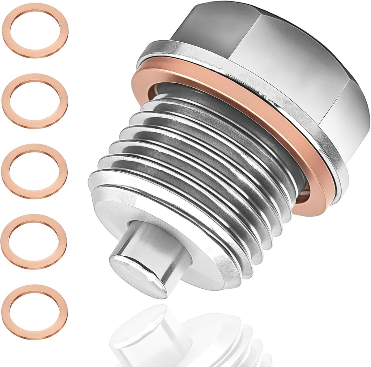 olieaftapplug, roestvrijstalen opvangmoer bout, magnetische olieaftapplug met 5 koperen crush-ringen, olieaftapplug universeel voor de meeste auto's en motorfietsen (M16 x 1,5)