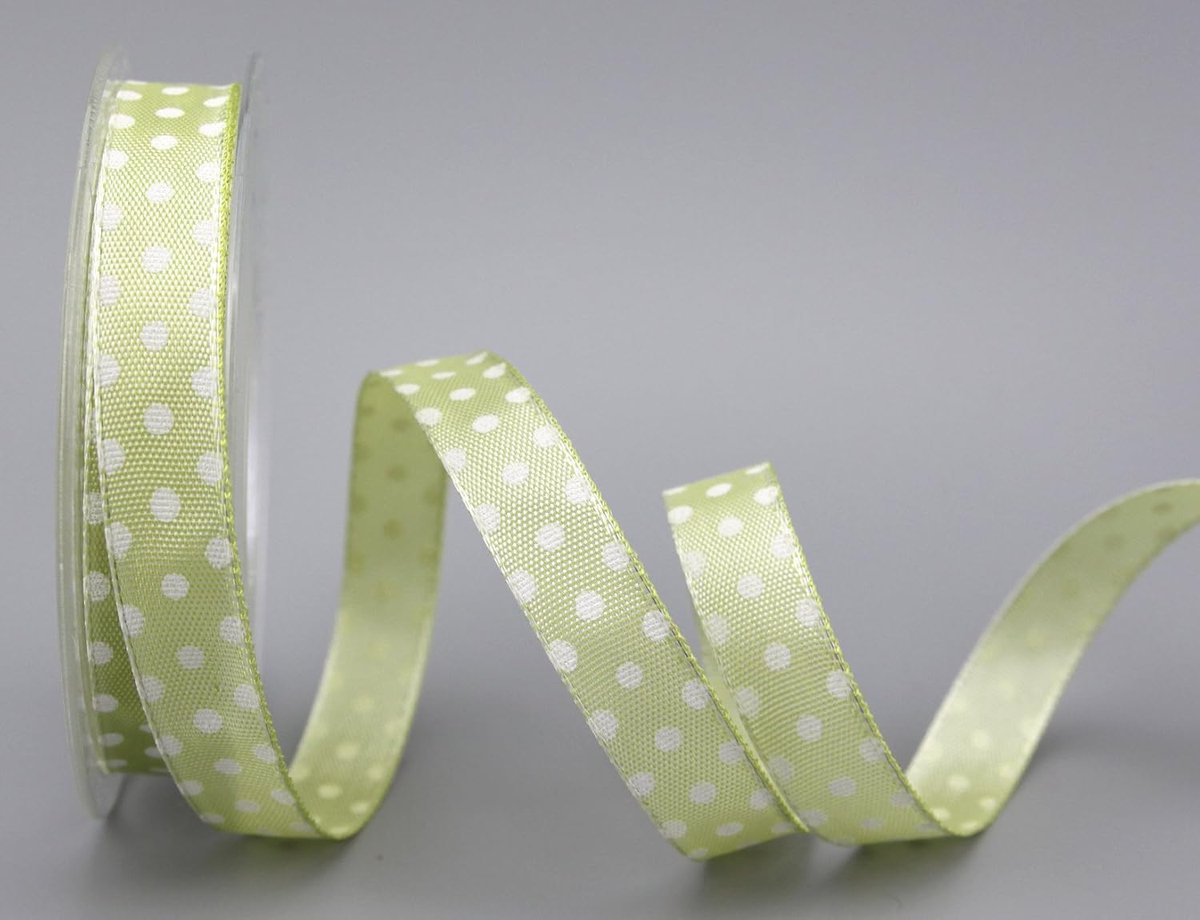 stippen, lindegroen/wit, 20 m x 15 mm, rol, cadeaulint, stoffen lint met draad, polkadot, Pasen, verjaardag, draadrand, kinderen, lint, voorjaar, groen, lichtgroen
