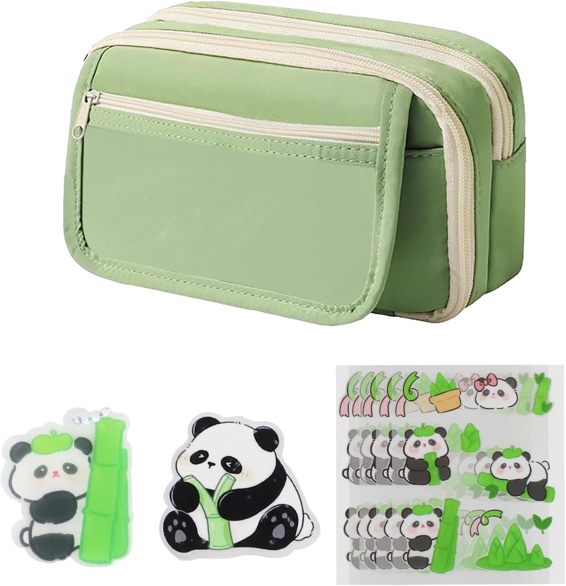 Pennenetui met grote capaciteit voor meisjes, groen etui met vakken, schoolmapje met panda-hangers, broches en stickers, voor kantoor, meisjes en jongens