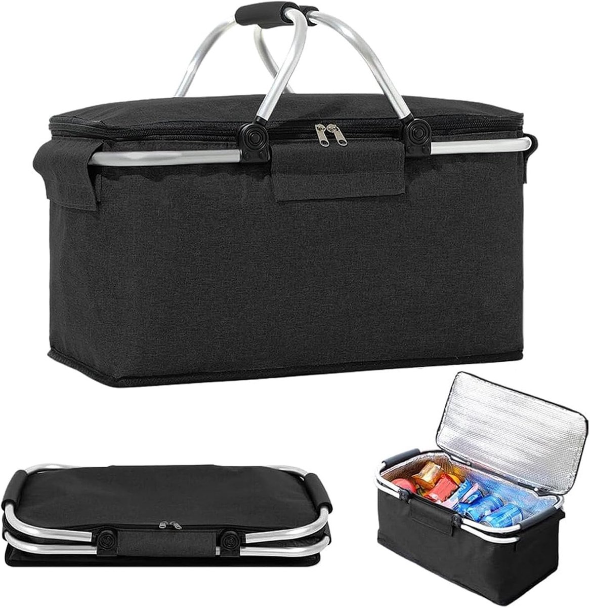 boodschappenmand, 18 l, geïsoleerde thermische picknickmand met ritssluiting, draagbare boodschappenmand met handgrepen, opvouwbare isolatiemand voor picknick, wandelen, reizen, kamperen