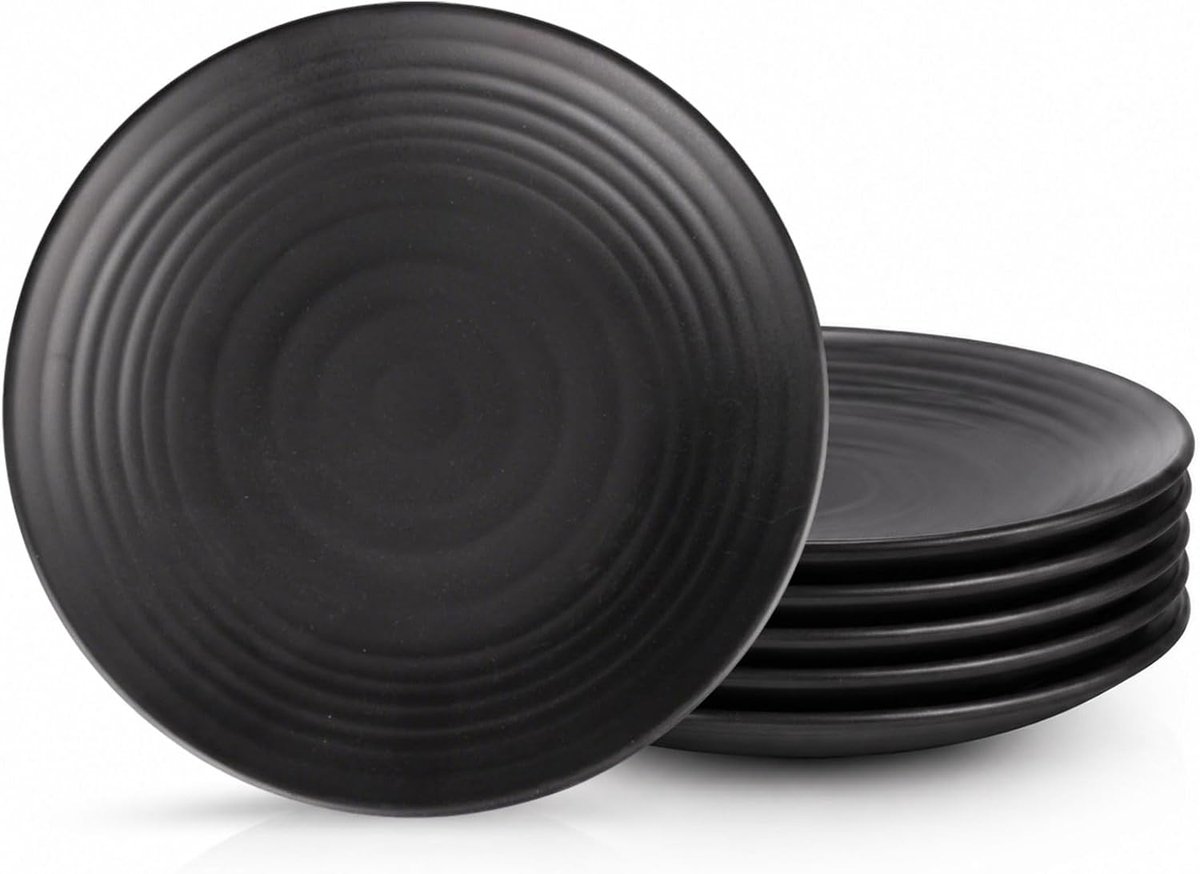 Set van 6 borden, zwart, mat, 19,9 x 19,9 x 1,8 cm, rond, zwart, melamine borden, voor sushi, cake, salades, fruit, antipasti, herbruikbaar
