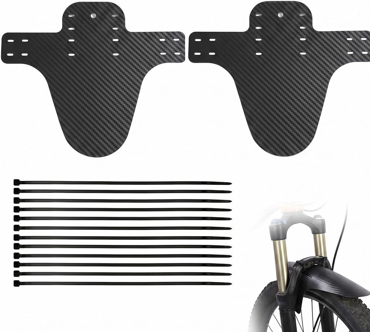 2 stuks, zwart, koolstofvezeltextuur + 12 kabelbinders, universele set, verstelbaar, voor mountainbike, modder- en waterbescherming, 20-29 inch