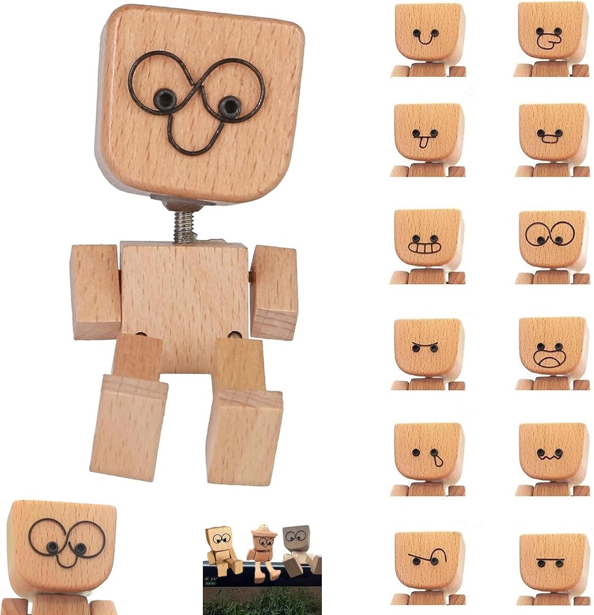 Houten grappige wiebelfiguur, wiebelende houten man voor de auto, handgemaakt wiebelmannetje met 12 magnetische gezichtsuitdrukkingen, woondecoratie, geschenken