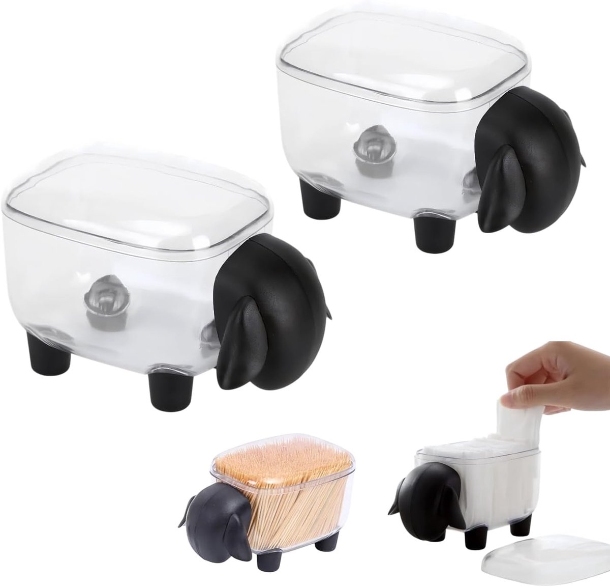 2 stuks transparante cosmetica-organizer, dispenser, schaapvorm, cosmetica, make-up, tampon, opslag van wattenstaafjes, container met deksel, wattenstaafjeshouder voor badkamer (zwart)