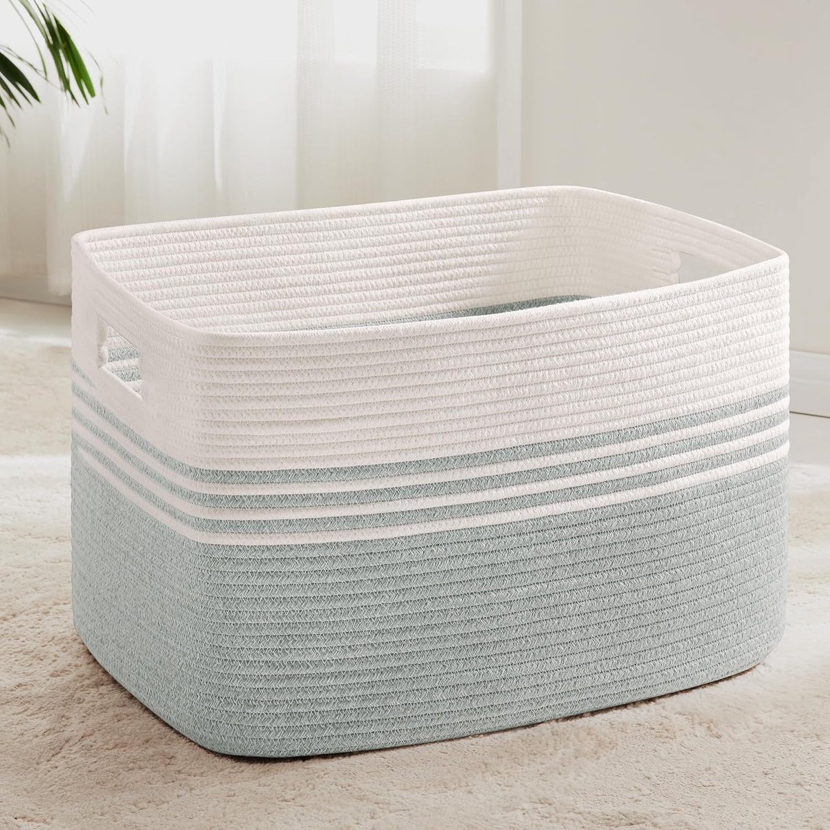 geweven wasmand van katoenkoord, 86L, opbergmand met handvatten, voor dekens, kleding, speelgoed, wasmand voor kinderkamer of woonkamer, 60x40x36 cm, wit en lichtgroen