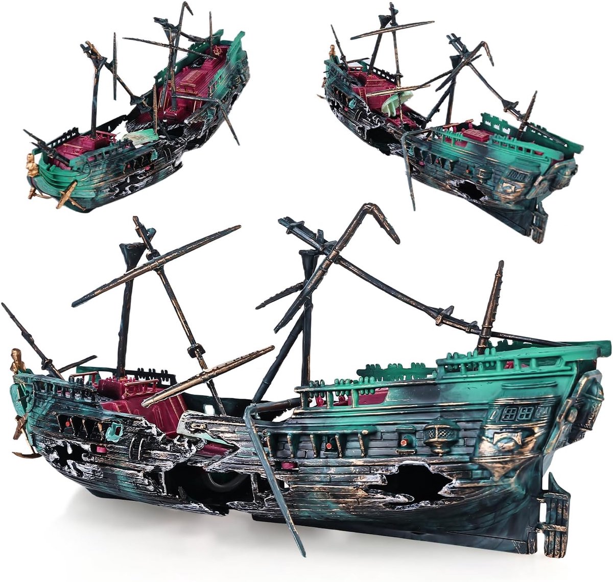 Aquarium Scheepswrakdecoraties, Aquarium Decoratie Piratenschip -Air Bubbler verzonken Schip Ornament - Aquarium Luchtpomp Aangedreven Actie Decor (donkergroen)