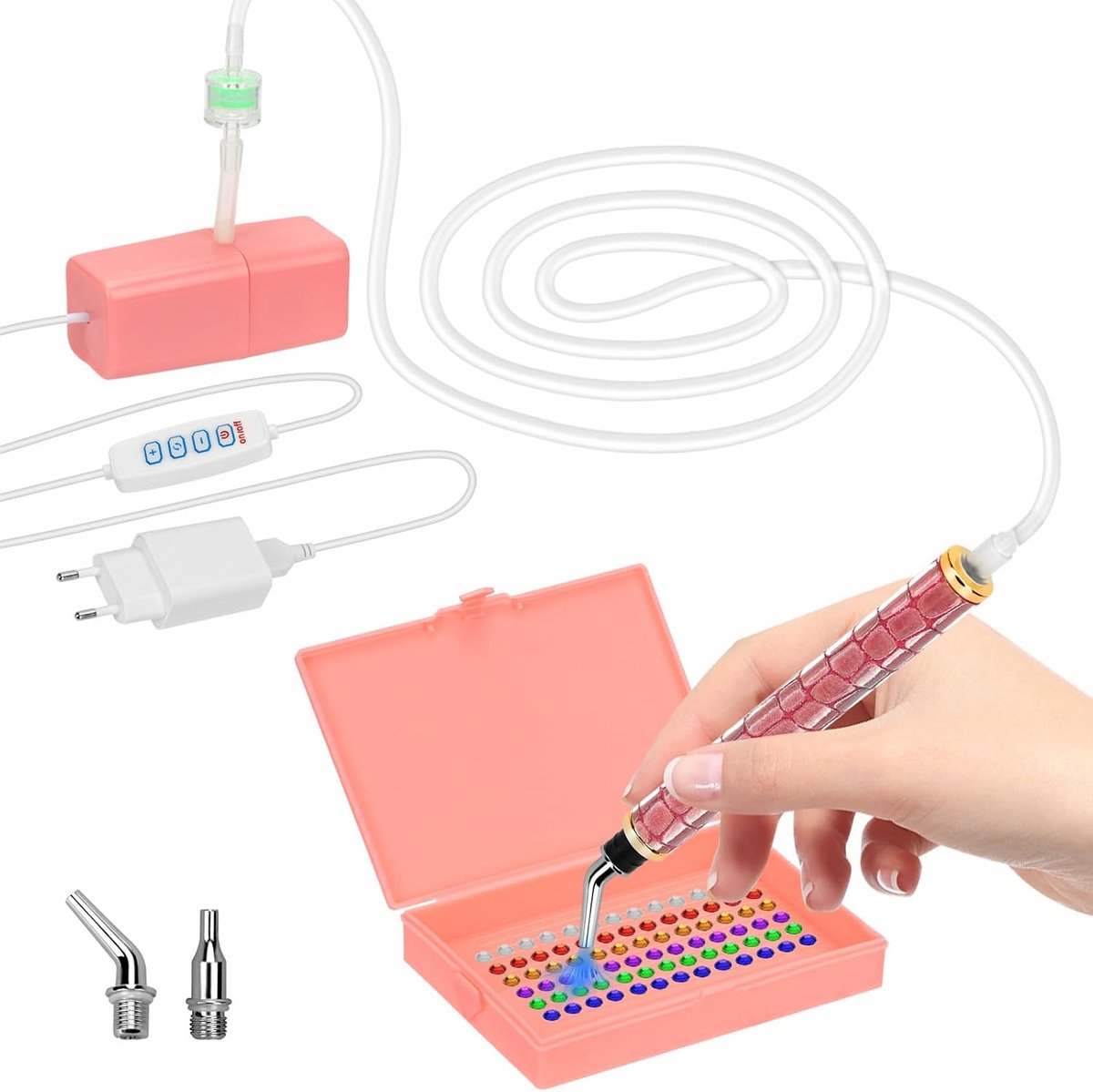 diamantschilderstift, elektrische diamantschilderstift met 2 opzetstukken en opbergbak, 3 instelbare zuigmodi, accessoires voor diamantschilderen, werkt via USB