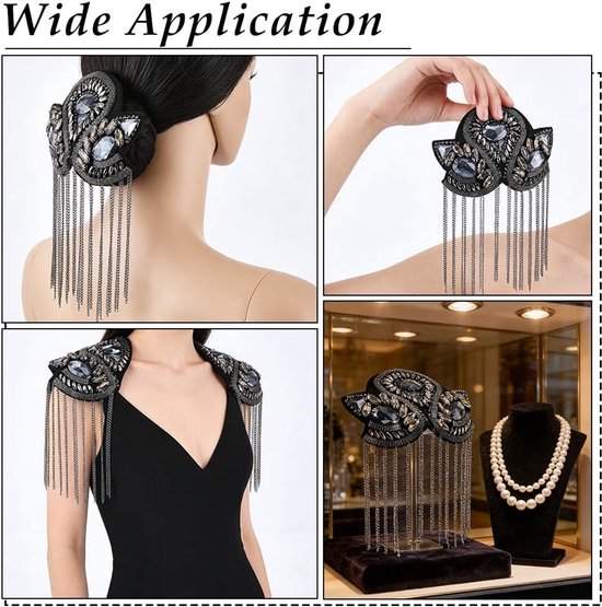 4 stuks franjes schouder schouder ketting kristallen kralen franje epauletten schouder gunmetal franje strass ketting band — afbeelding 5