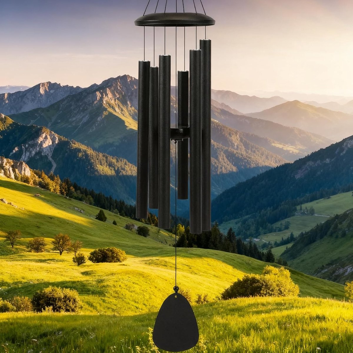windgong voor buiten – windgong voor tuin met wenskaart, 6 aluminium buizen, modern minimalistisch design, zwart, 81 cm, pentatonische Mi serie