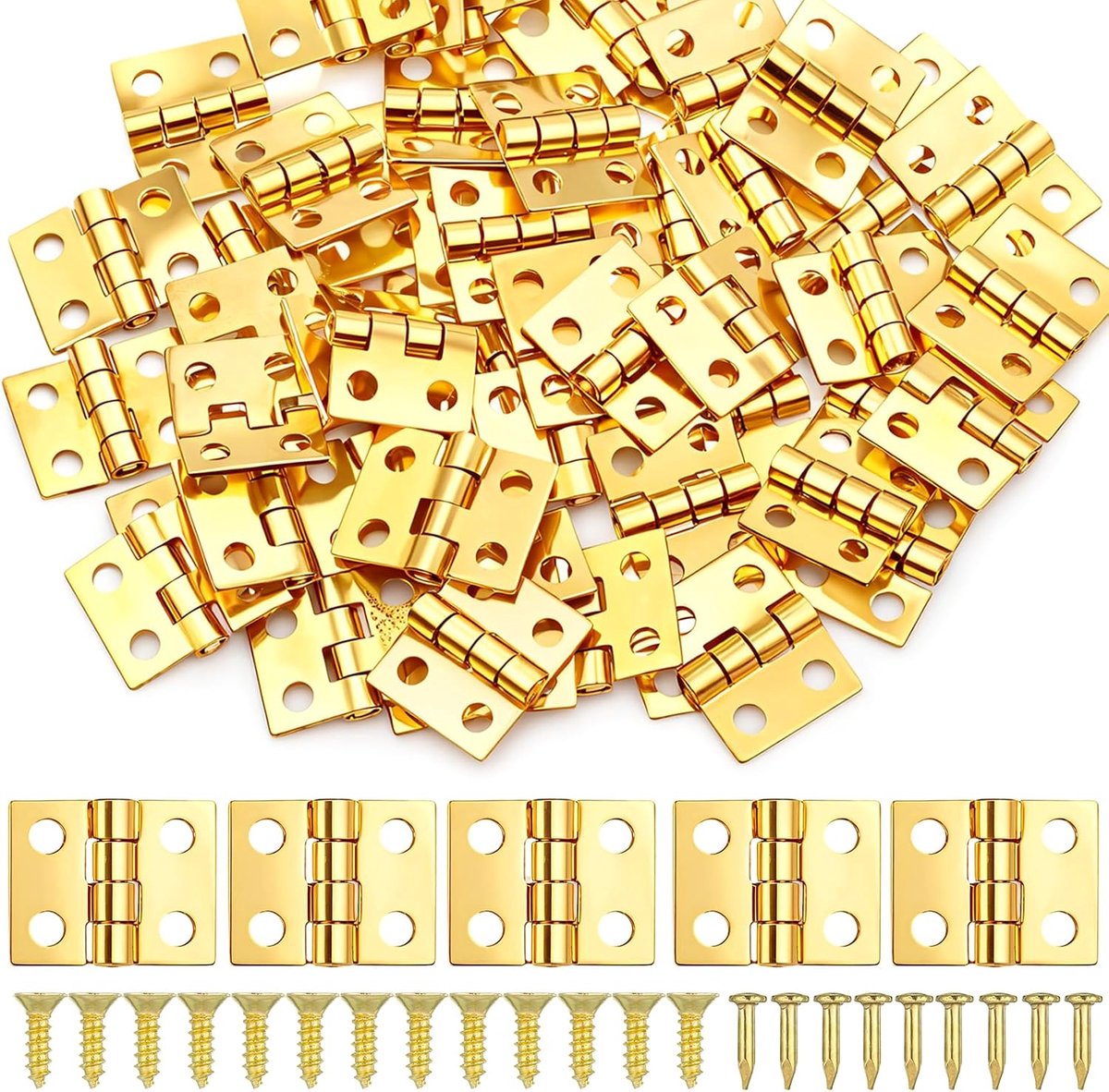 Scharnieren, 10 x 8 mm, kleine messing scharnieren met 200 schroeven, gouden mini-scharnieren, inklapbaar, gouden kastscharnieren voor sieraden, houten kist, knutselen, meubels