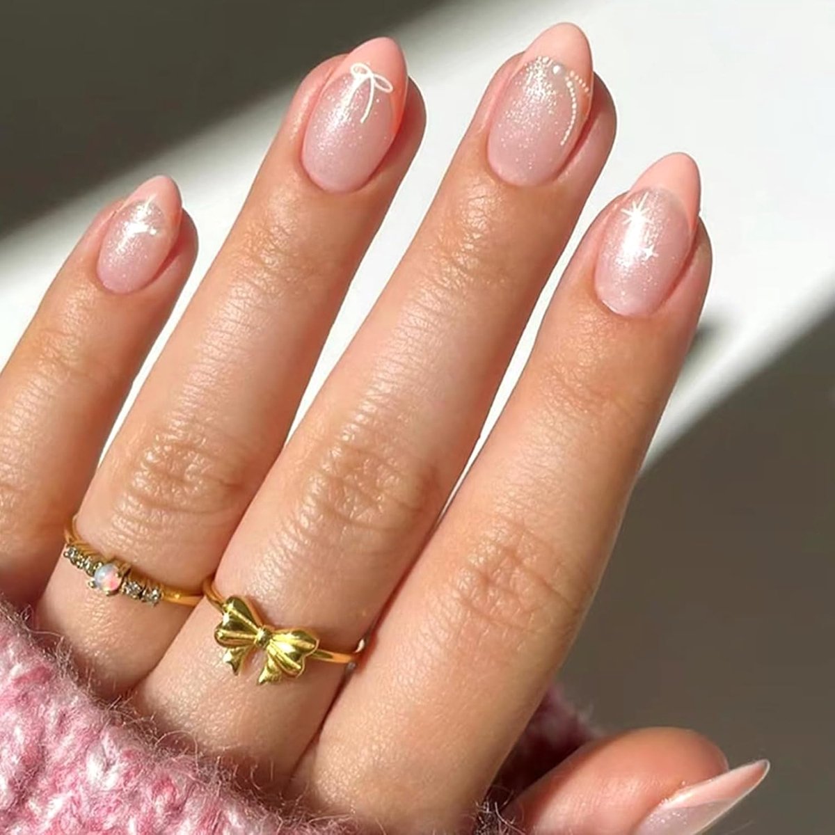 30 stuks French tips, press-on nagels, kort, amandel, crème, roze, nagels om op te plakken, parelstrik, acryl, kunstnagels, sterren, glitter, elegante valse nagels voor vrouwen en meisjes