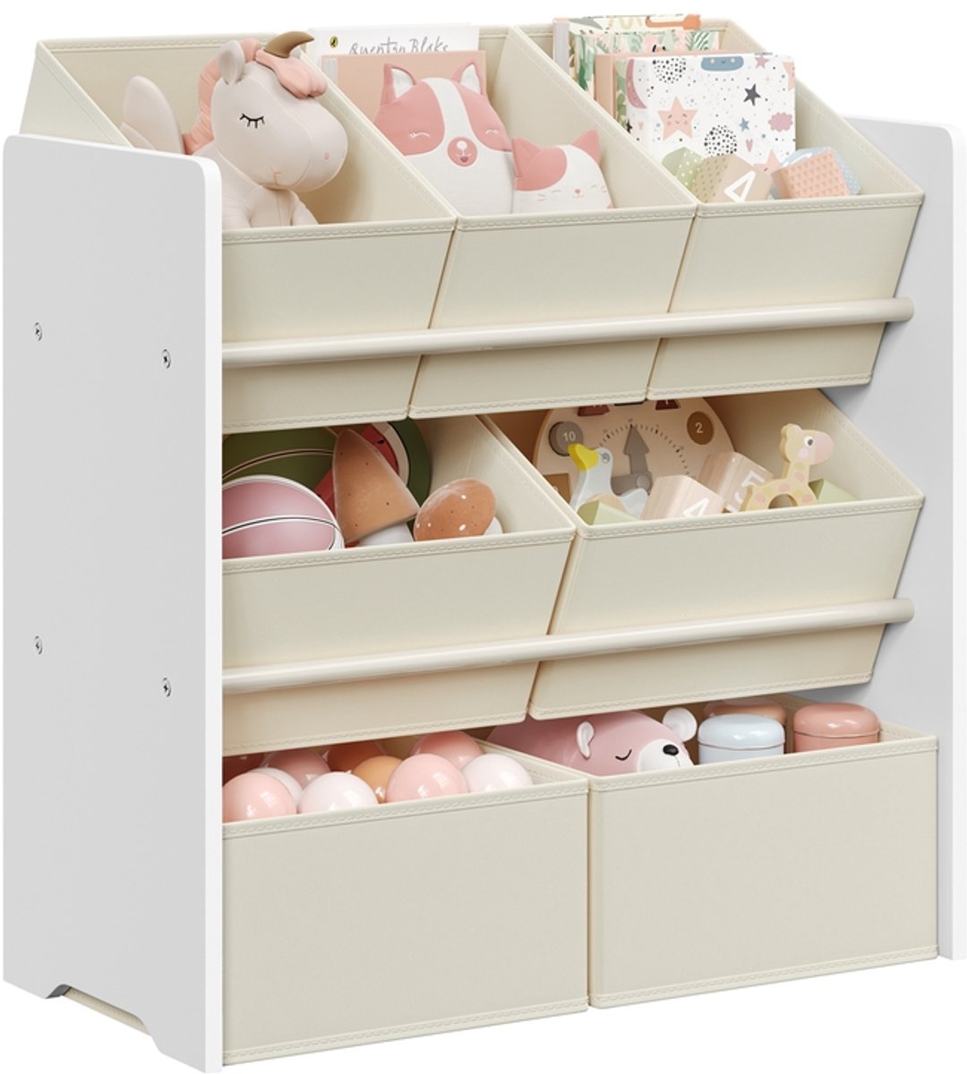 Kinderplank met 7 opbergdozen van non-woven stof – Wolkenwit