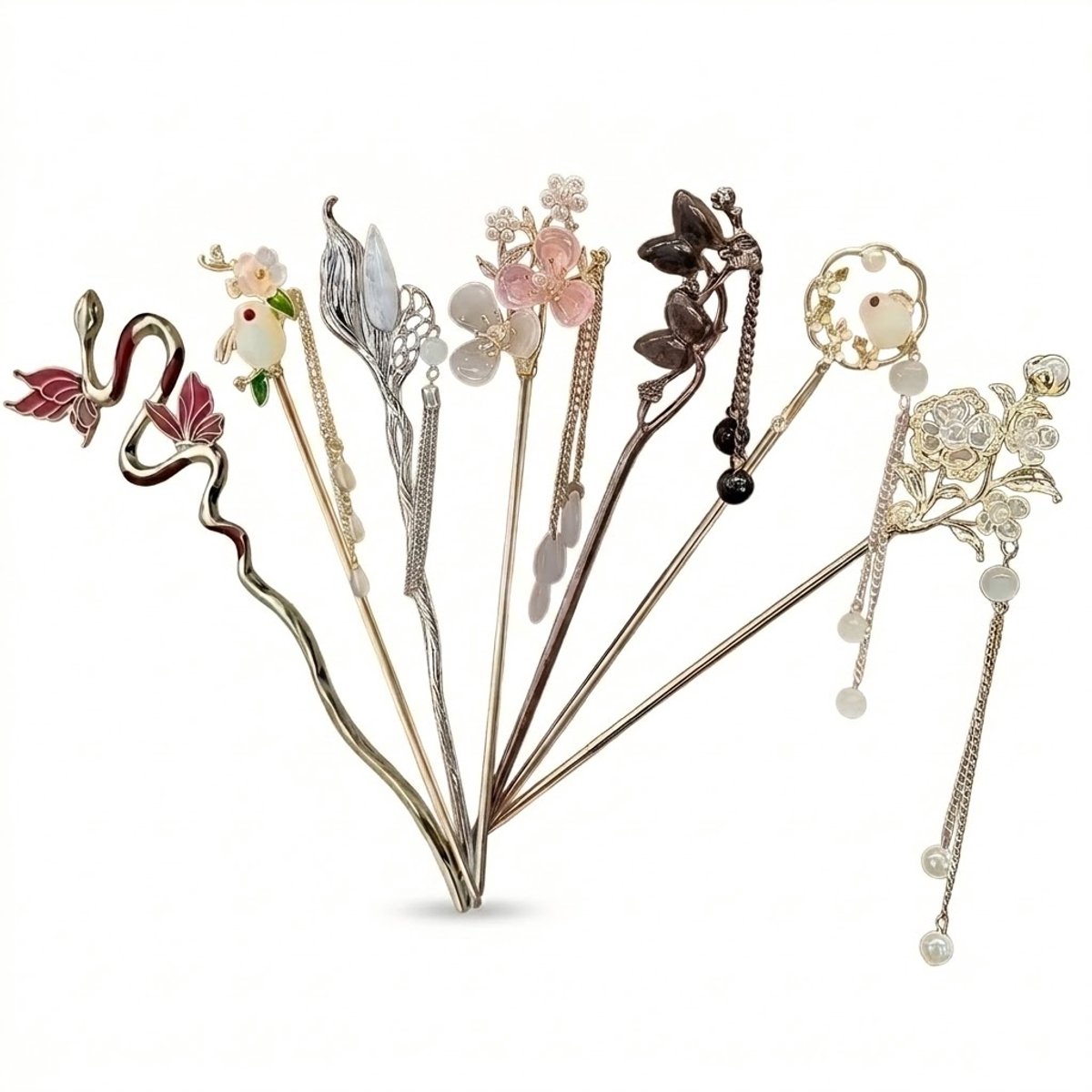 Zilverkleurige haarpin dames haarpin set 7 stuks vintage metalen haar stok met bloemen vlinder vogel en kwast hanger voor haarknot opsteek kapsel haar accessoire