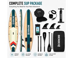 BEROCA SUP Board - met Zitje - Sup Board Opblaasbaar - Complete Set - 320x81cm - Max. 160 kg -Groen houtnerf