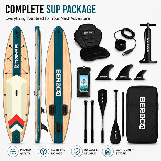 BEROCA SUP Board - met Zitje - Sup Board Opblaasbaar - Complete Set - 320x81cm - Max. 160 kg -Groen houtnerf
