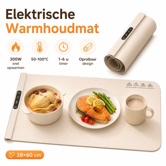 Bobypet - Warmhoudmat - Elektrische warmhoudplaat - Siliconen warmhoudmat - Instelbare temperatuur - Snel verwarmend - Opvouwbaar - Voor buffet, alledaags,feestjes en Vakantie - 60*38cm - Kaki — afbeelding 3