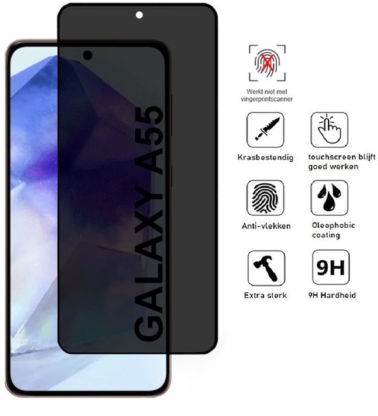 Privacy screenprotector op een Samsung A55 met icoontjes die de eigenschappen weergeven.