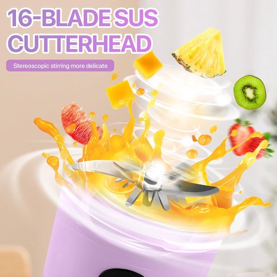 Draagbare Blender - Citruspers Elektrisch - Smoothies Maken - 16 Roestvrijstalen Bladen - 500 ml - Paars — afbeelding 2