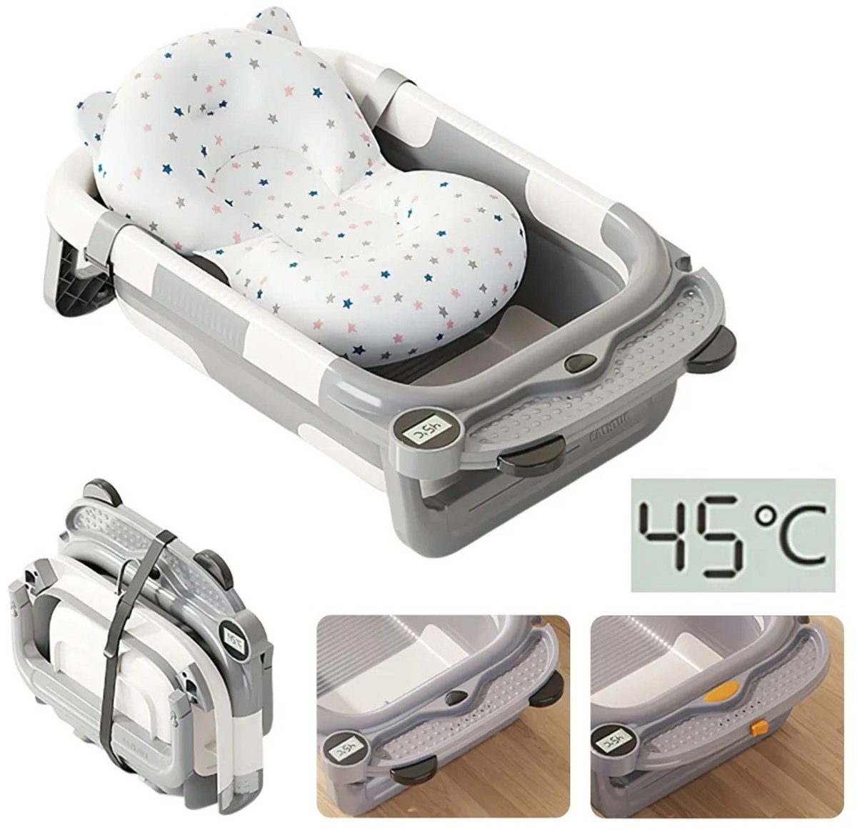 ITRONIQ Opvouwbaar Babybadje Met Temperatuurmeter - Draagbaar Baby Bad Met Badkussen - Antislip - 0 tot 3 Jaar - Grijs Wit