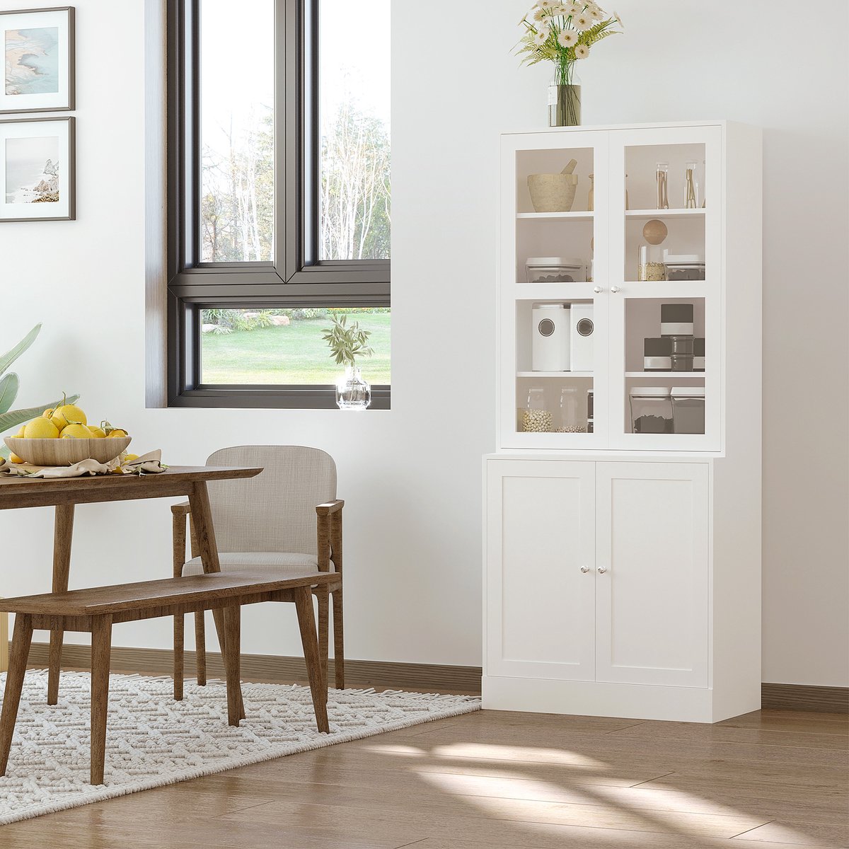 Vrijstaande keukenkasten met glazen deur, glazen keukenkast, vitrines, klassieke hoge kast met Opbergkast met 2 glazen deuren en 2 houten deuren, en 4 verstelbare legplanken, woonkamer en eetkamer, Kantoor, slaapkamer, wit