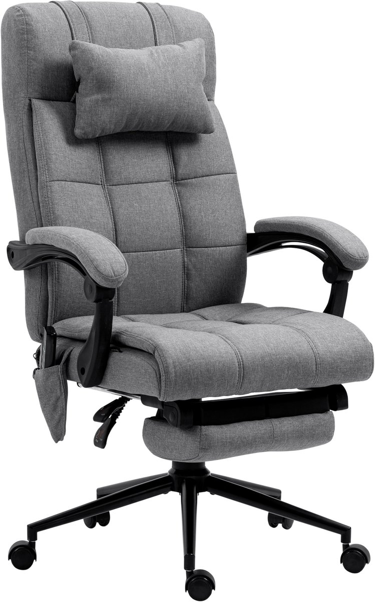 Ergonomische Bureaustoel Schreibtischstoel Met Massagefunctie Lendenverwarming Voetensteun Hoofdkussen Hoogte Verstelbaar 66x76x112-120 cm Grijs Staal Polyester 155° Verstelbare Rugleunin