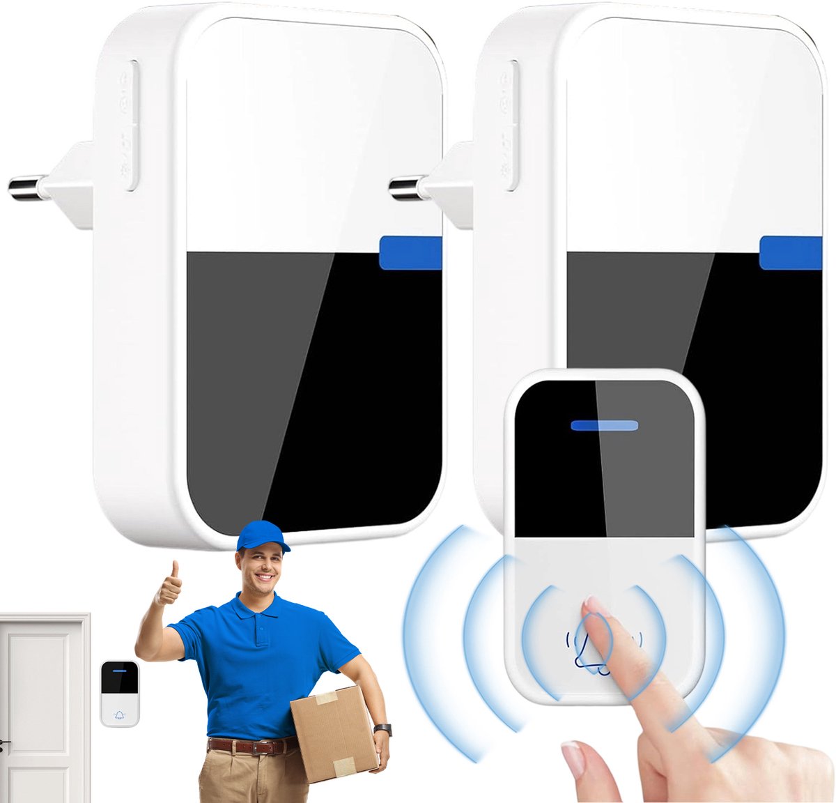 Zelfopwekkende Draadloze Zorgoproepbel - Draadloze Deurbel - Batterijloze Beldrukker - Bereik tot 150 m - Water- en Weerbestendig - 38 Melodieën met 3 Volumeniveaus - Voor Ouderenzorg, Patiënten, Woningen en Bedrijven