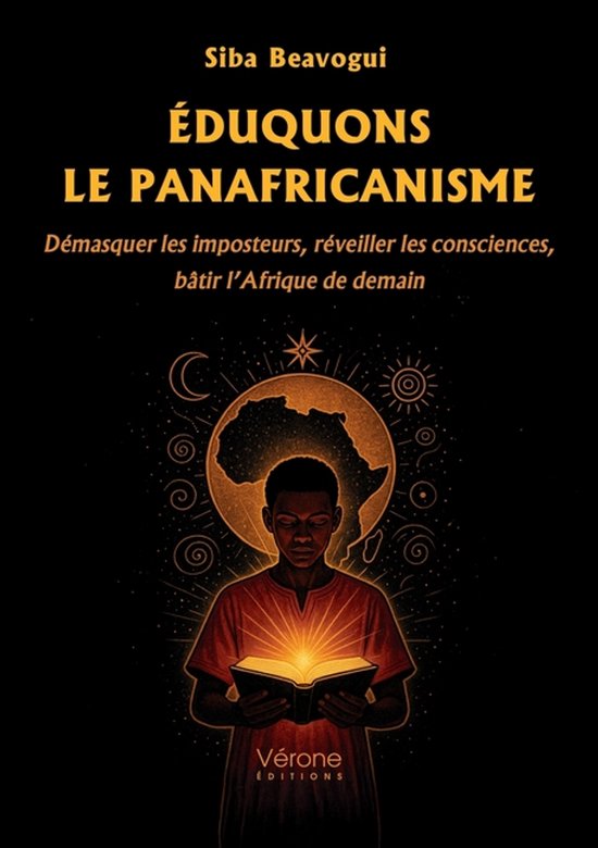 Livre "Éduquons le panafricanisme" de Siba Beavogui. Un jeune homme lit un livre lumineux. L'Afrique est représentée en arrière-plan.