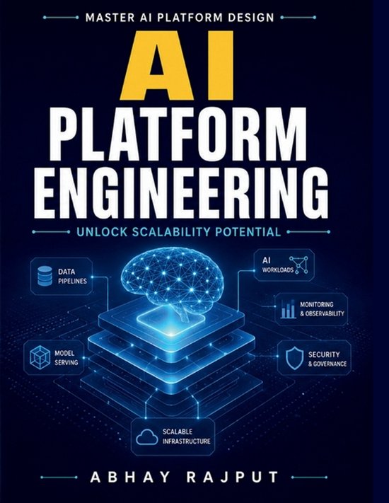 Couverture du livre : "AI Platform Engineering" avec une illustration d'un cerveau et des icônes techniques.