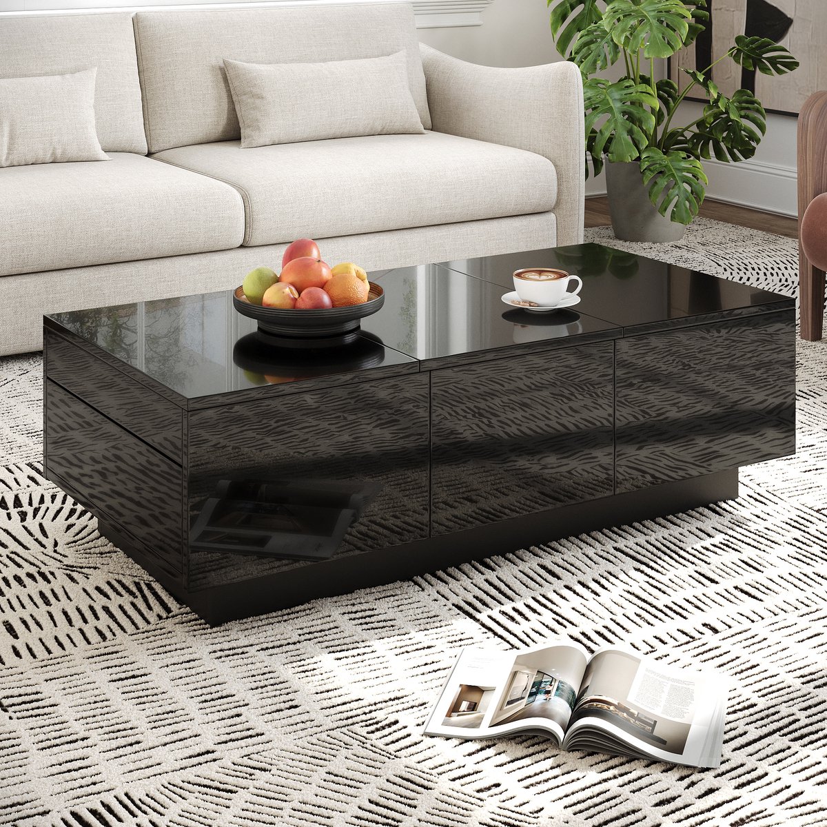 COVREO Salontafel 100x50x31 cm – zwart, hoogglans, met 2 lades en schuifbare opbergruimte