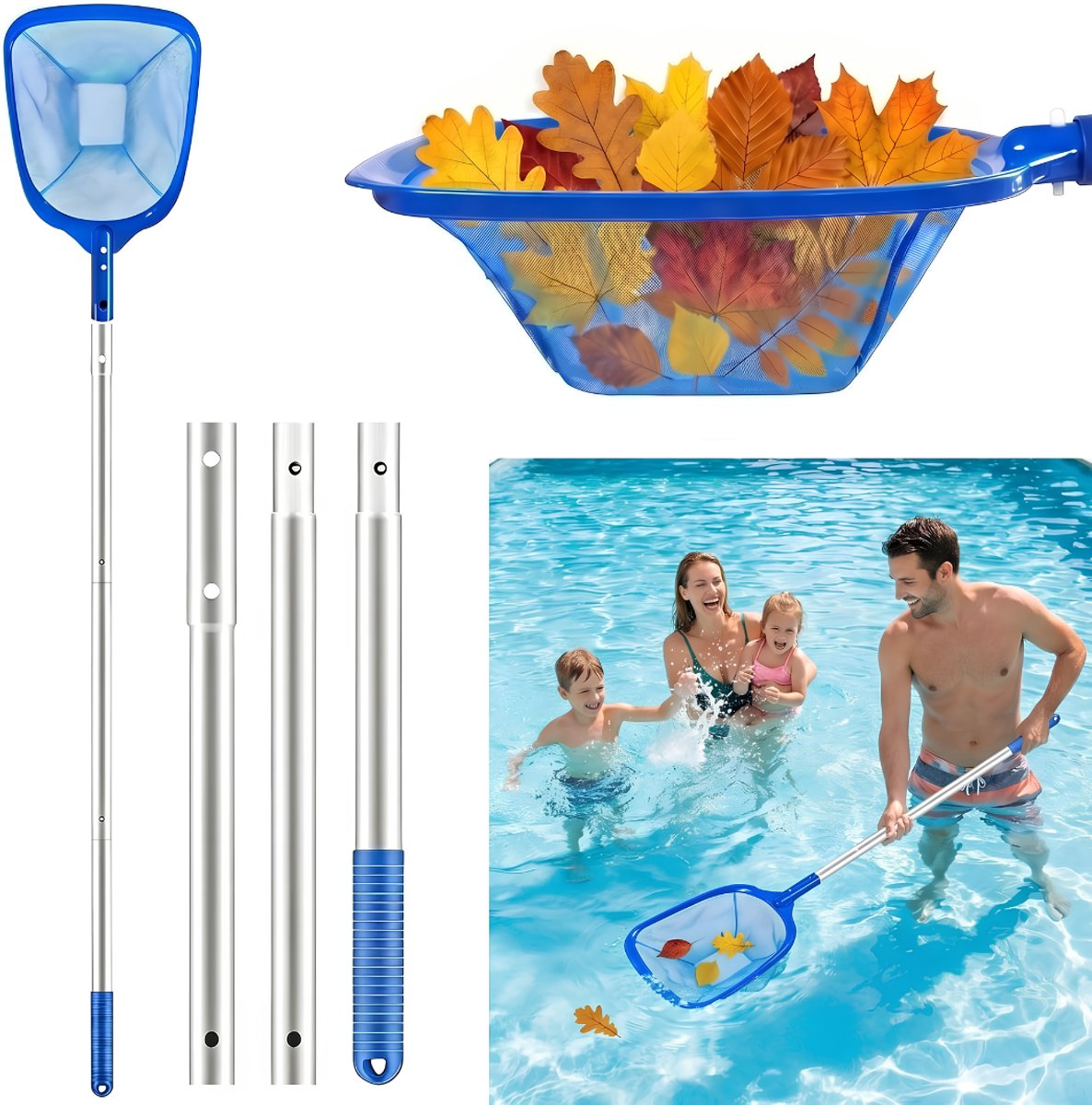 SNJY® Schepnet Zwembad - Zwembad Net - Fijnmazig Schepnet - Zwembad Schepnet - Verstelbaar - Tot 140cm - Zilver/Blauw