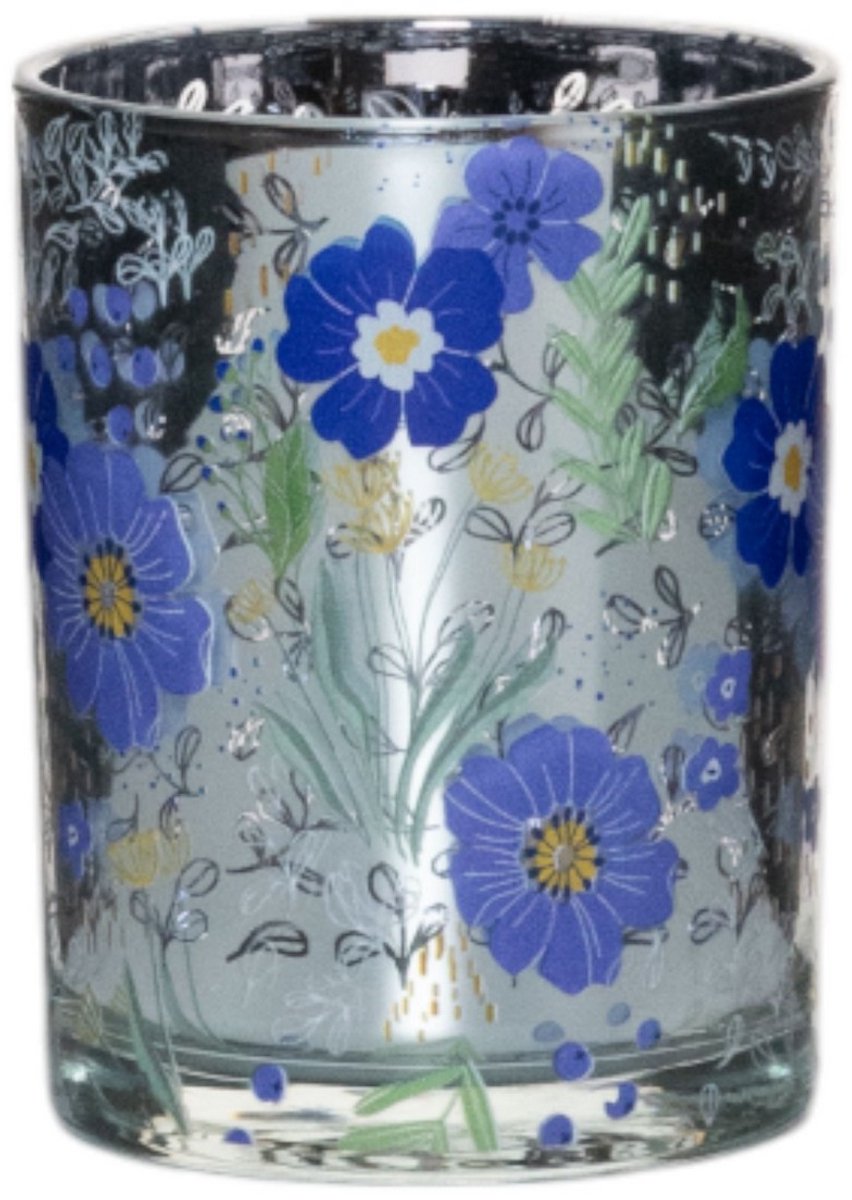 Theelichthouder blauw bloemen large 18cm