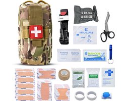 Tactische EHBO-set & Survival Kit – 13-Delige Eerste Hulp Tas met MOLLE-systeem – Inclusief Tourniquet, Nooddeken & Schaar – Camouflage – Compact (10x6x19 cm)