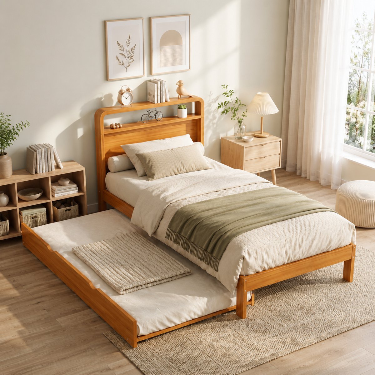 Eenpersoonsbed 90x200 cm - Houten bed - Eenpersoonsbed Met Uitschuifbaar Rolbed - Met hoofdeinde - Natuurlijke houtkleur