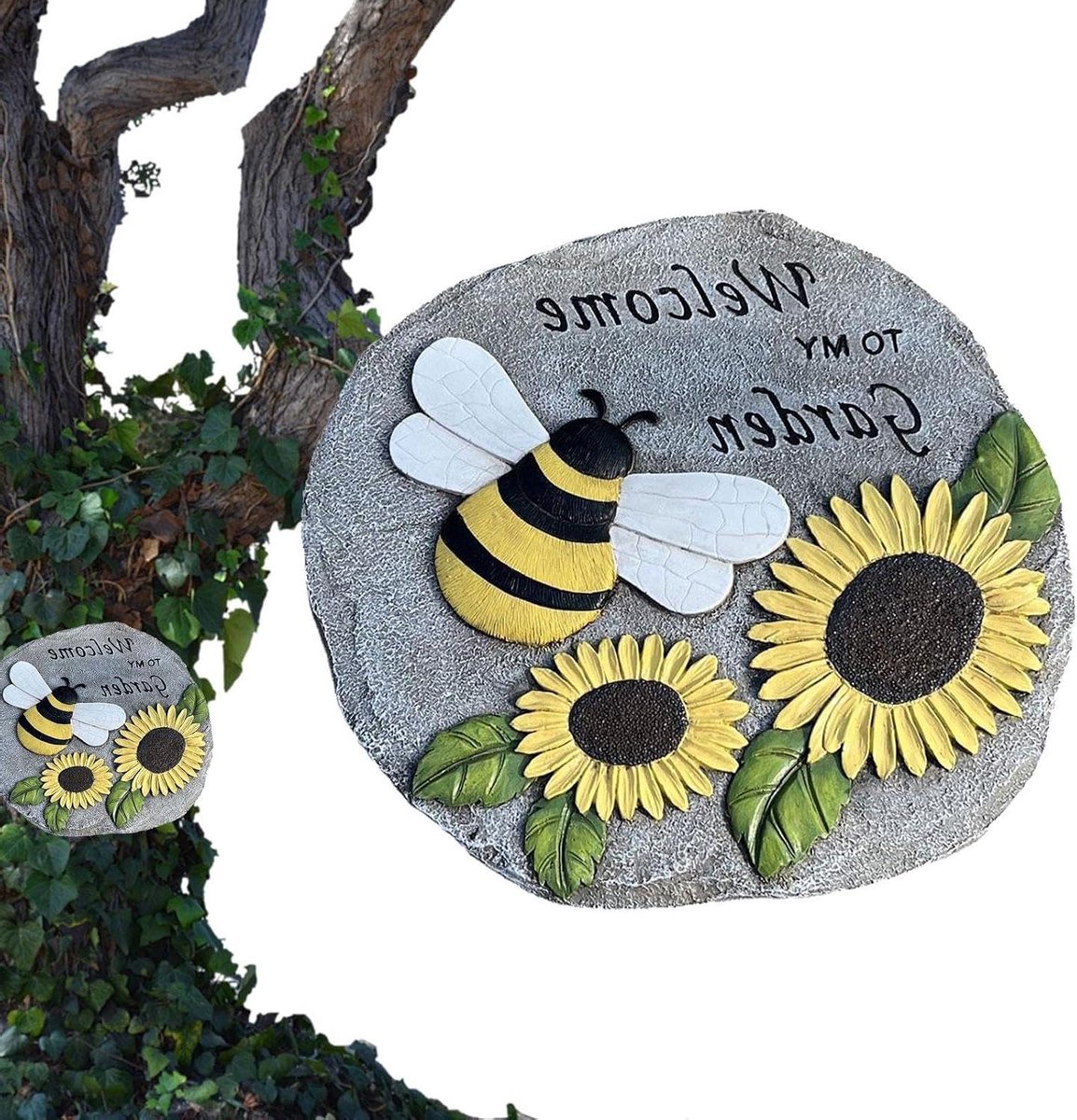 Stapstenen Tuin - Sierstenen Pad - Tuin Decoratie - Zonnebloem Bijen Design - 23.5 cm - Geel