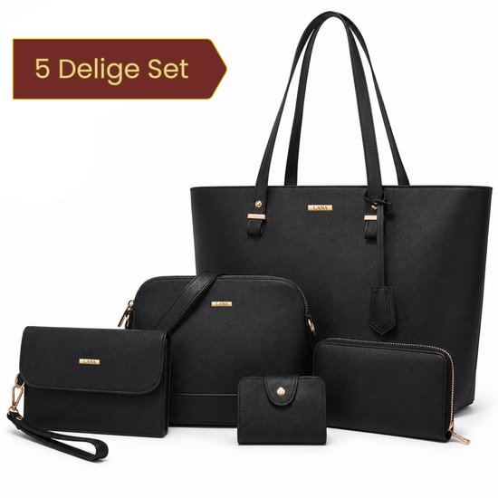 Ensemble de 5 sacs noirs aspect cuir : un grand sac fourre-tout, un sac bandoulière, une pochette, un portefeuille et un porte-cartes.