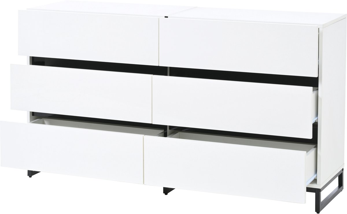 COVREO Dressoir 140 x 39,5 x 78,5 cm – 6 lades, hoogglans fronten, wit met zwarte metalen poten