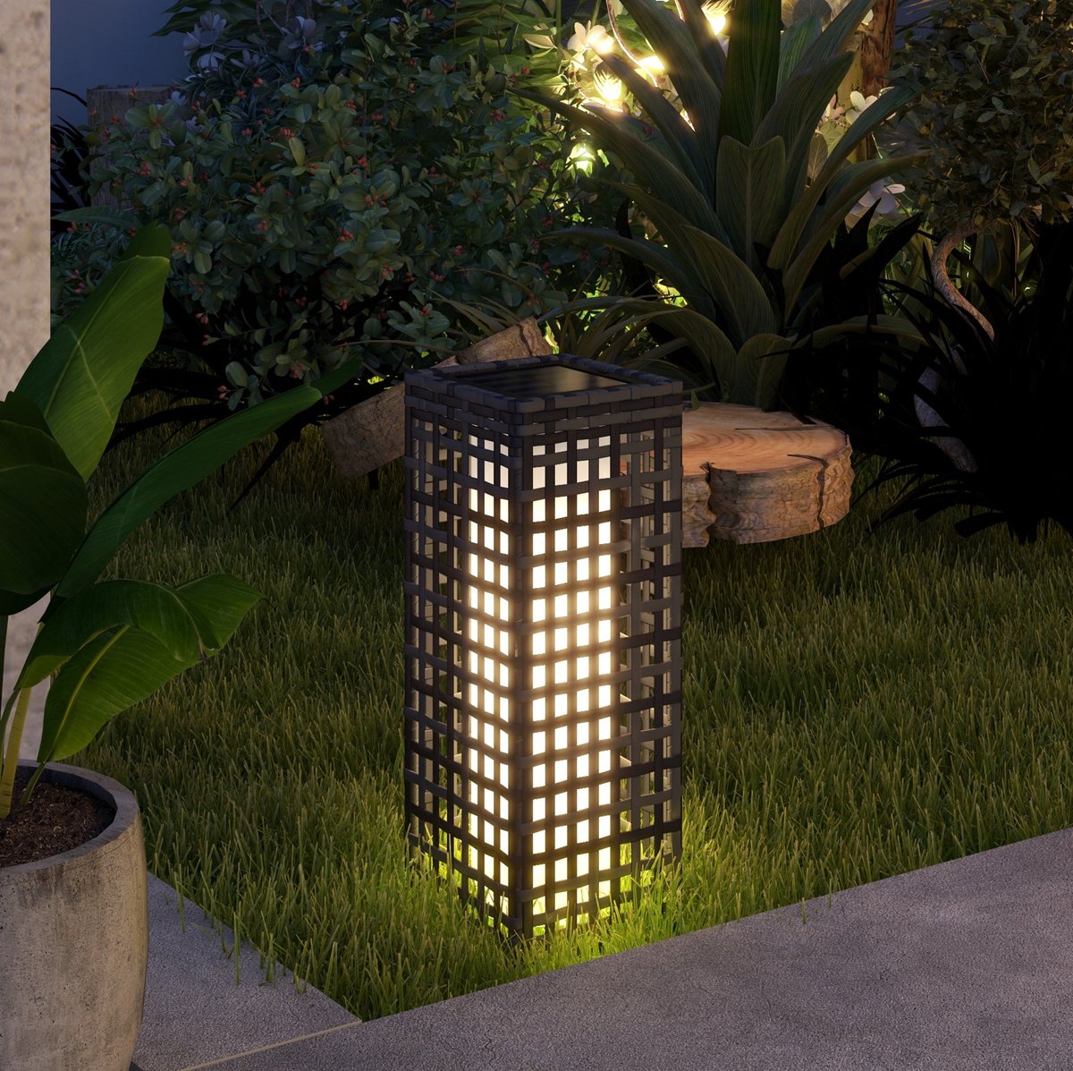 OKWISH Padverlichting - Zonne-energie Met Automatische Dag En Nacht Sensor - Voor Tuin Balkon En Terras - Rattanlook Grijs - 15,5 x 15,5 x 46 cm