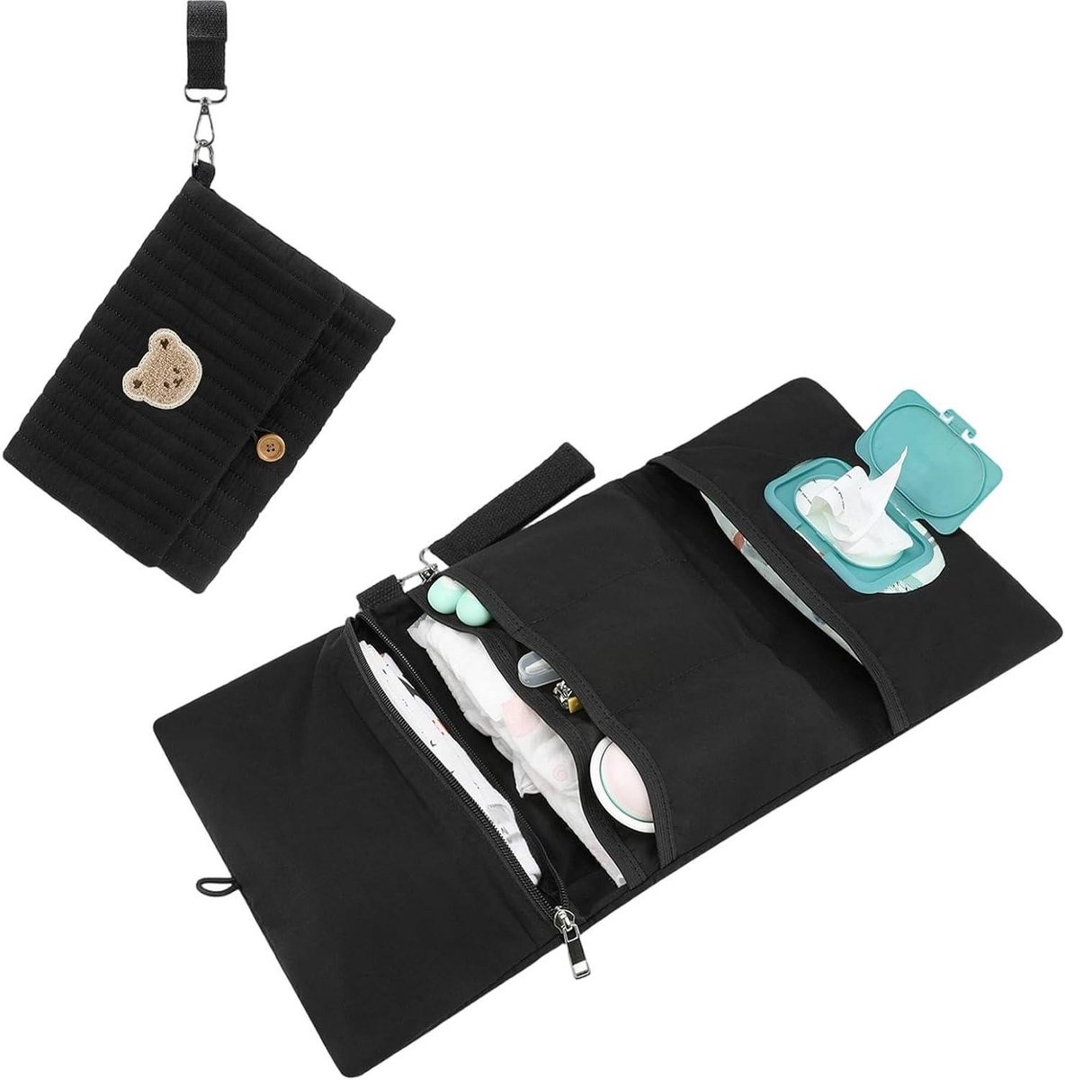 Luieretui Opvouwbaar - Draagtas Organizer - Baby Spullen Meenemen - Met Kinderwagenband - 24x20x2 cm - Zwart