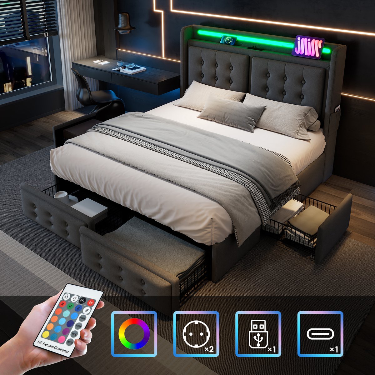 REDOM - Bed - Gestoffeerd hoofdbord met knoopdetails - Met LED-verlichting en USB-C-laadfunctie - Met 4 lades en opbergruimte - Stof, hout en metaal - Tweepersoons - 180 x 200 cm