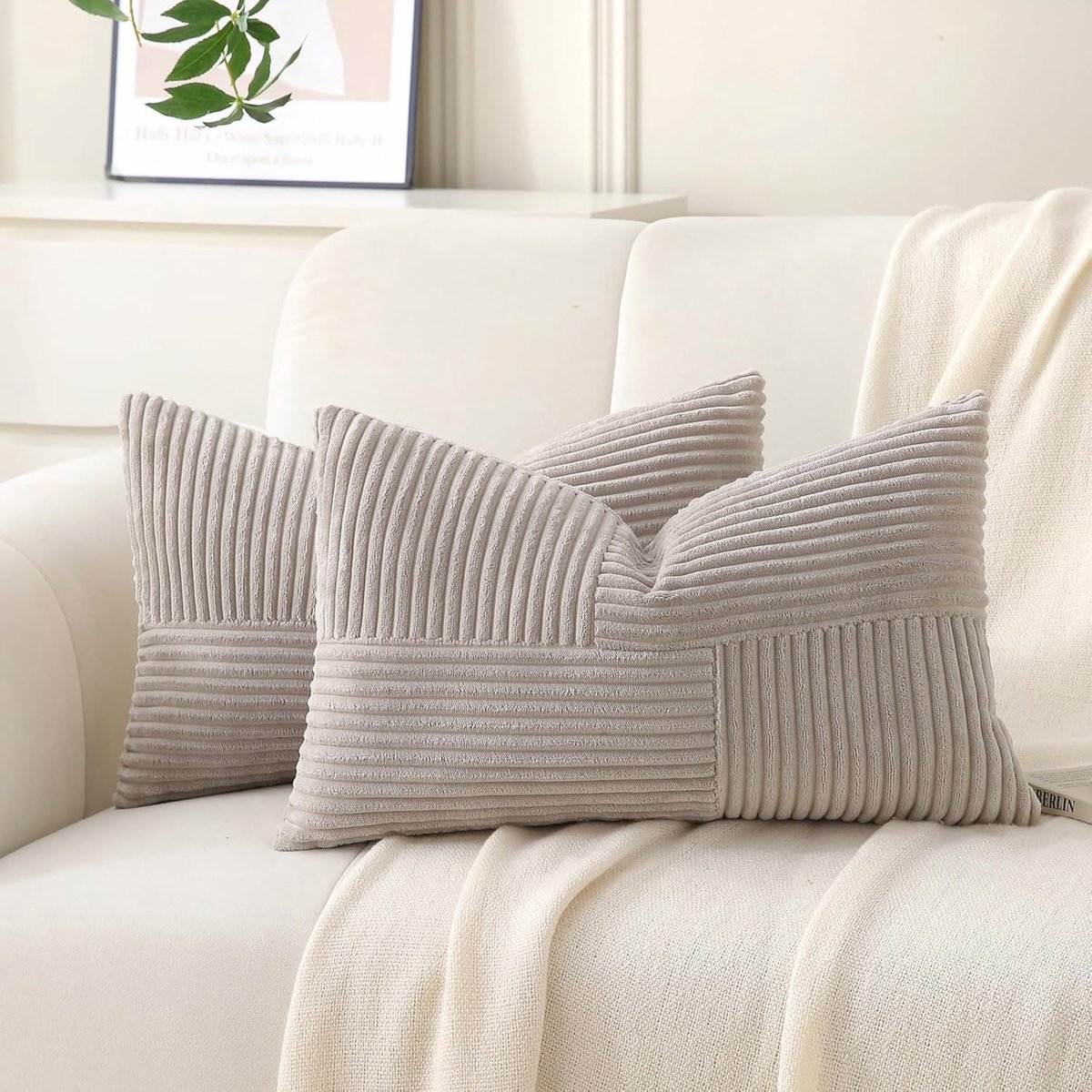 SnelShoppen - Set van 2 Taupe Fluffy Corduroy Kussenhoezen 30 x 50 cm - Decoratieve Sofa Kussen Covers voor Woonkamer, Bank en Bed - Boho Stijl voor T