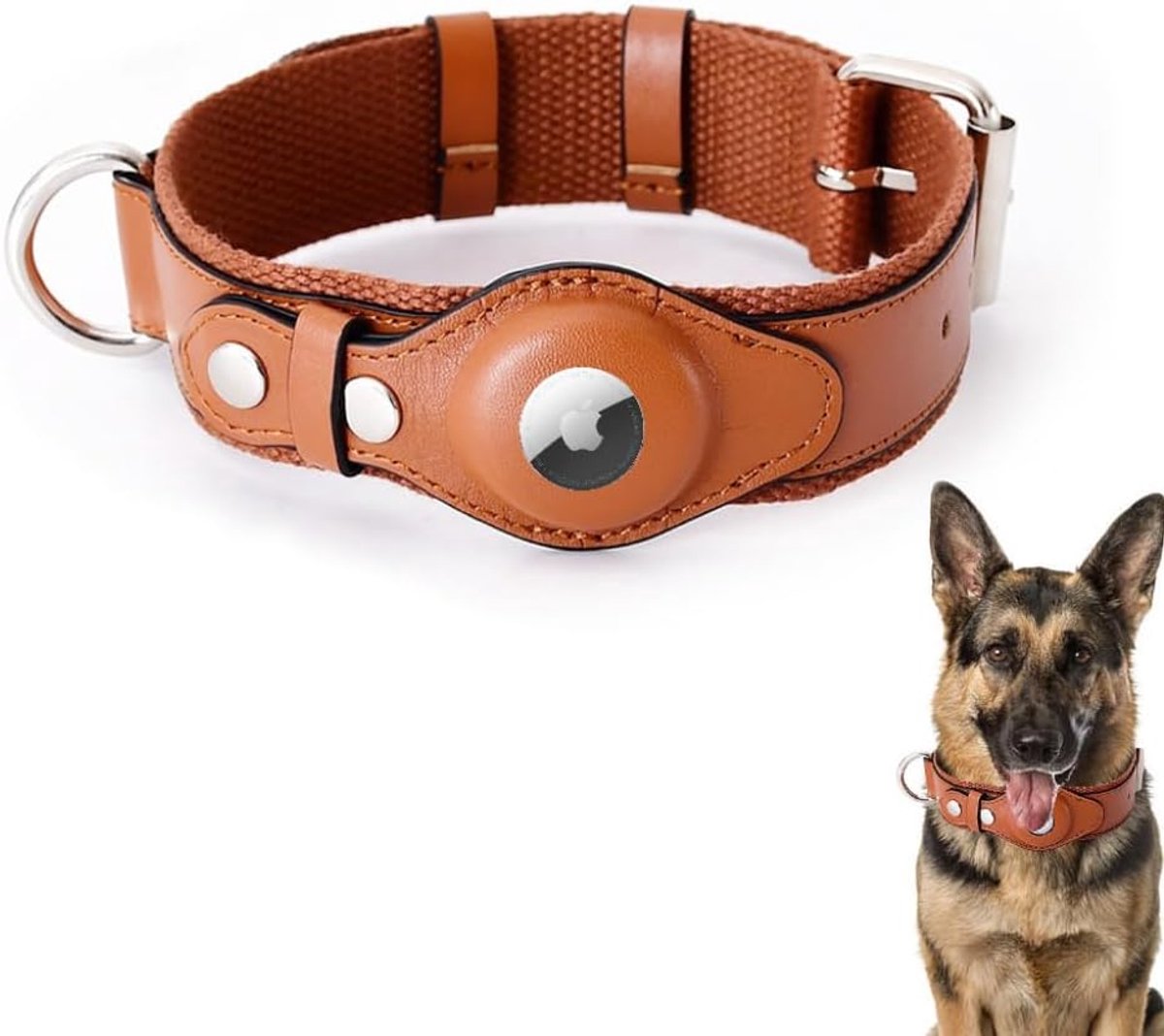 SnelShoppen - AirTag Hondenhalsband, Verstelbaar van Zacht Leer, Robuust en Duurzaam, Dubbele Bescherming voor Kleine, Middelgrote en Grote Honden, Br