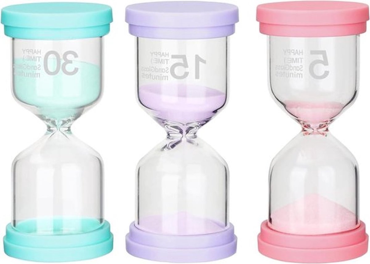 Zandlopers Set van 3 - 5/15/30 Minuten - Glazen Zandtimers voor Kinderen, Klaslokaal, Kantoor, Keuken - Speeltijdmeter en Decoraties